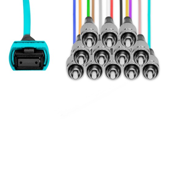 Cabo FC-PC x 12F para MPO-UPC Fêmea 10m, 12 Fibras OM3 G651.1 50/125 Fibra Multimodo, Tipo A LSZH Aqua - INSTRUFIBER