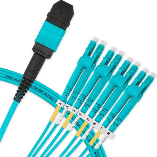 Cabo MPO Fêmea para 4LC/UPC 3m, 8 Fibras Duplex, OM3 G651.1 50/125 Multimodo, Tipo B LSZH Aqua Breakout - INSTRUFIBER