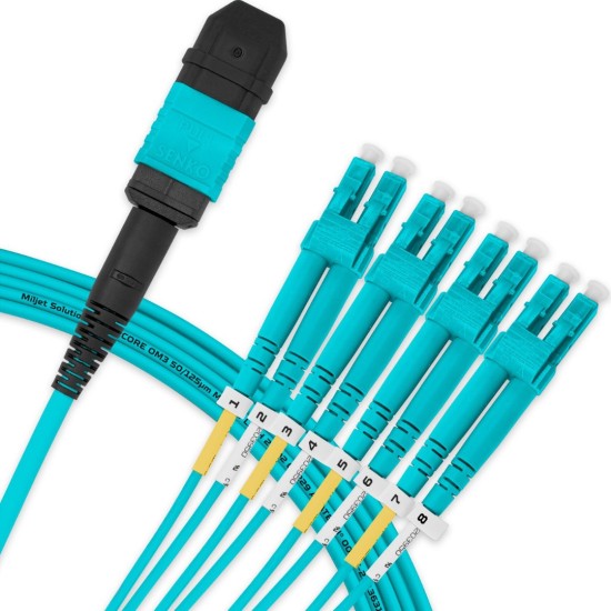 Cabo MPO Fêmea para 4LC/UPC 5m, 8 Fibras Duplex, OM3 G651.1 50/125 Multimodo, Tipo B LSZH Aqua Breakout - INSTRUFIBER