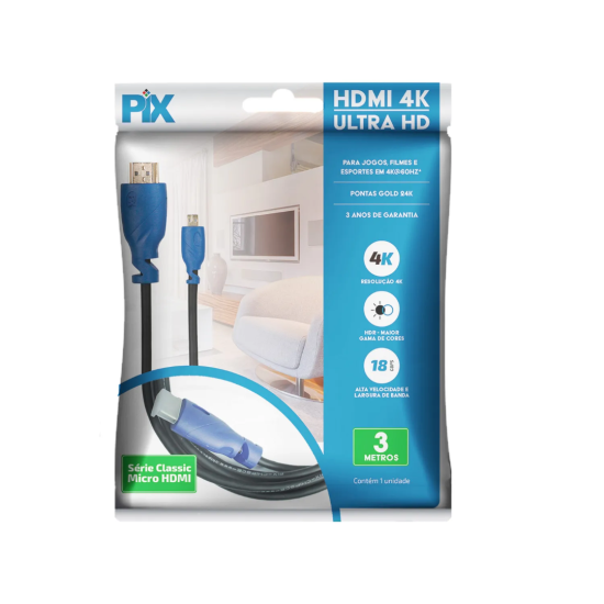 Cabo Micro HDMI 3 Metros 2.0 Ultra HD PIX - INSTRUFIBER