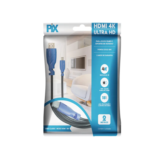 Cabo Micro HDMI 2 Metros 2.0 Ultra HD PIX - INSTRUFIBER